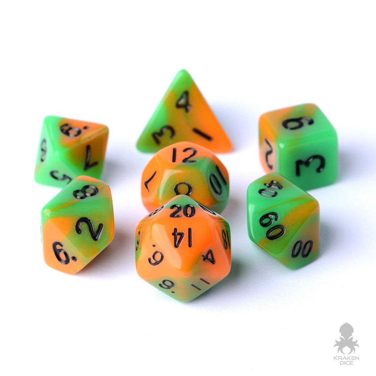10mm Green and Orange Blended 7pc Mini Polyhedral Dice Set